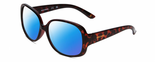 Profile View of Skechers SE6014 Designer Polarized Sunglasses with Custom Cut Blue Mirror Lenses in Tortoise Havana Crystal Ladies Round Full Rim Acetate 58 mm