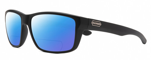 Profile View of Suncloud Mayor Designer Polarized Reading Sunglasses with Custom Cut Powered Blue Mirror Lenses in Matte Black Unisex Square Full Rim Acetate 57 mm