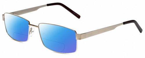 Profile View of Gotham Style 13 Designer Polarized Reading Sunglasses with Custom Cut Powered Blue Mirror Lenses in Gold Mens Rectangular Full Rim Metal 58 mm