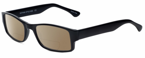 Profile View of Gotham Style 232 Designer Polarized Reading Sunglasses with Custom Cut Powered Amber Brown Lenses in Black Mens Rectangular Full Rim Acetate 60 mm