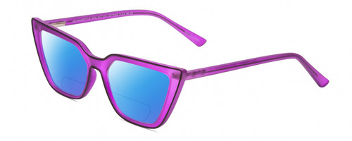 Profile View of Gotham Flex 84 Designer Polarized Reading Sunglasses with Custom Cut Powered Blue Mirror Lenses in Smoke Purple Matte Black Ladies Triangular Full Rim Acetate 49 mm