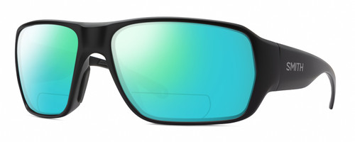 Profile View of Smith Optics Castaway Designer Polarized Reading Sunglasses with Custom Cut Powered Green Mirror Lenses in Matte Black Unisex Wrap Full Rim Acetate 63 mm