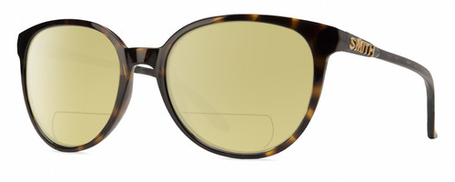 Profile View of Smith Optics Cheetah Designer Polarized Reading Sunglasses with Custom Cut Powered Sun Flower Yellow Lenses in Alpine Tortoise Havana Matte Brown Gold Ladies Cateye Full Rim Acetate 54 mm