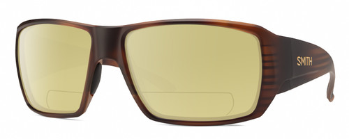 Profile View of Smith Optics Guides Choice S Designer Polarized Reading Sunglasses with Custom Cut Powered Sun Flower Yellow Lenses in Matte Tortoise Havana Brown Gold Unisex Rectangle Full Rim Acetate 58 mm
