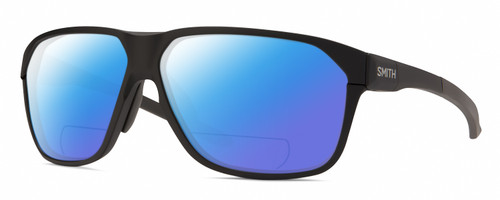 Profile View of Smith Optics Leadout Pivlock Designer Polarized Reading Sunglasses with Custom Cut Powered Blue Mirror Lenses in Matte Black Unisex Square Full Rim Acetate 63 mm