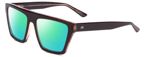 Profile View of SITO SHADES BENDER Designer Polarized Reading Sunglasses with Custom Cut Powered Green Mirror Lenses in Black Crystal Ladies Rectangular Full Rim Acetate 57 mm