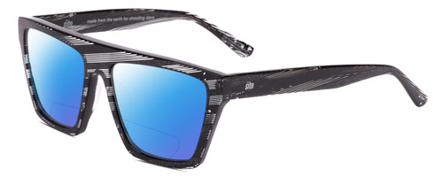 Profile View of SITO SHADES BENDER Designer Polarized Reading Sunglasses with Custom Cut Powered Blue Mirror Lenses in Matrix Black White Ladies Rectangular Full Rim Acetate 54 mm