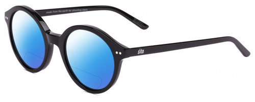 Profile View of SITO SHADES DIXON Designer Polarized Reading Sunglasses with Custom Cut Powered Blue Mirror Lenses in Black  Unisex Round Full Rim Acetate 52 mm