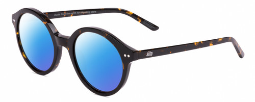 Profile View of SITO SHADES DIXON Designer Polarized Sunglasses with Custom Cut Blue Mirror Lenses in Tortoise Havana Unisex Round Full Rim Acetate 52 mm