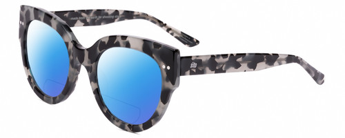 Profile View of SITO SHADES GOOD LIFE Designer Polarized Reading Sunglasses with Custom Cut Powered Blue Mirror Lenses in Black Grey Tortoise Ladies Round Full Rim Acetate 54 mm