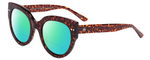 Profile View of SITO SHADES GOOD LIFE Designer Polarized Reading Sunglasses with Custom Cut Powered Green Mirror Lenses in Amber Cheetah Ladies Round Full Rim Acetate 54 mm
