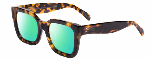 Profile View of SITO SHADES HARLOW Designer Polarized Reading Sunglasses with Custom Cut Powered Green Mirror Lenses in Amber Tortoise Havana Ladies Square Full Rim Acetate 52 mm