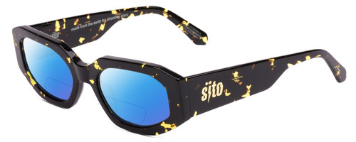 Profile View of SITO SHADES JUICY Designer Polarized Reading Sunglasses with Custom Cut Powered Blue Mirror Lenses in Limeade Black Yellow Tortoise Ladies Square Full Rim Acetate 53 mm