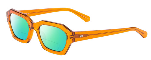 Profile View of SITO SHADES KINETIC Designer Polarized Reading Sunglasses with Custom Cut Powered Green Mirror Lenses in Amber Orange Crystal Unisex Square Full Rim Acetate 54 mm