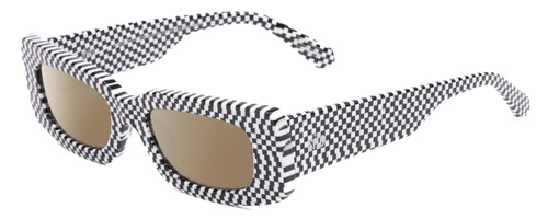 Profile View of SITO SHADES REACHING DAWN Designer Polarized Sunglasses with Custom Cut Amber Brown Lenses in Optic Black White Checker Print Ladies Square Full Rim Acetate 51 mm