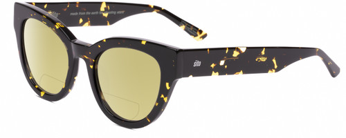 Profile View of SITO SHADES SOUL FUSION Designer Polarized Reading Sunglasses with Custom Cut Powered Sun Flower Yellow Lenses in Limeade Black Yellow Tortoise Ladies Round Full Rim Acetate 51 mm