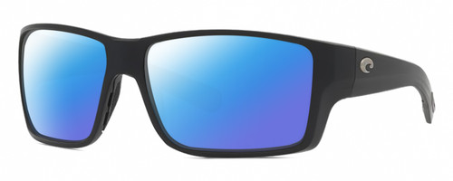 Profile View of Costa Del Mar REEFTON PRO Designer Polarized Sunglasses with Custom Cut Blue Mirror Lenses in Black Mens Rectangular Full Rim Acetate 63 mm