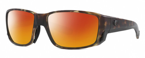 Profile View of Costa Del Mar TUNA ALLEY PRO Designer Polarized Sunglasses with Custom Cut Red Mirror Lenses in Wetlands Brown Tortoise Mens Rectangular Full Rim Acetate 60 mm