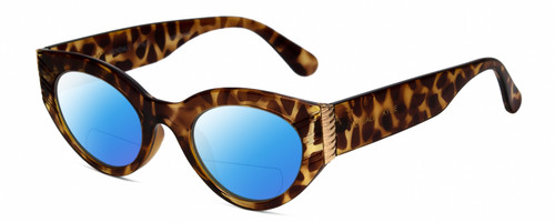 Profile View of Kendall+Kylie KK5143CE ALEXANDRA Designer Polarized Reading Sunglasses with Custom Cut Powered Blue Mirror Lenses in Amber Demi Tortoise Havana Crystal Gold Ladies Cat Eye Full Rim Acetate 49 mm