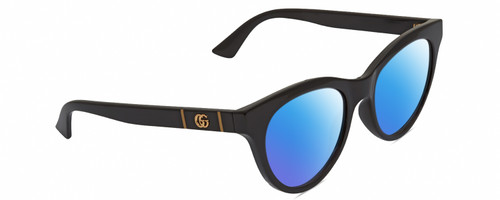Profile View of Gucci GG0763S Designer Polarized Sunglasses with Custom Cut Blue Mirror Lenses in Gloss Black Gold Ladies Cat Eye Full Rim Acetate 53 mm