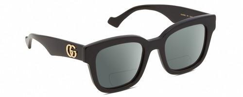 Profile View of Gucci GG0998S Designer Polarized Reading Sunglasses with Custom Cut Powered Smoke Grey Lenses in Gloss Black Gold Ladies Cat Eye Full Rim Acetate 52 mm