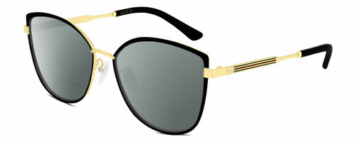 Profile View of Gucci GG0589SK Designer Polarized Reading Sunglasses with Custom Cut Powered Smoke Grey Lenses in Black Gold Ladies Cat Eye Full Rim Metal 57 mm