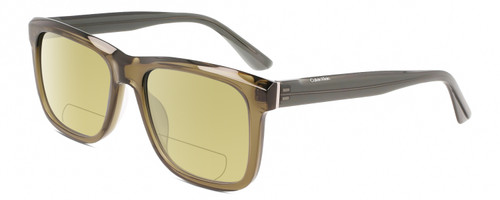 Profile View of Calvin Klein CK22519S Designer Polarized Reading Sunglasses with Custom Cut Powered Sun Flower Yellow Lenses in Sage Green Crystal Unisex Panthos Full Rim Acetate 56 mm