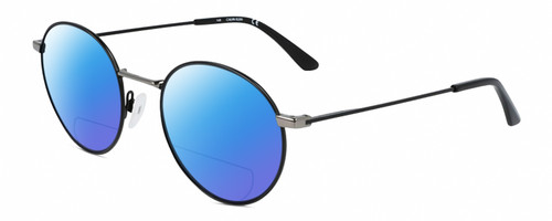 Profile View of Calvin Klein CK21108S Designer Polarized Reading Sunglasses with Custom Cut Powered Blue Mirror Lenses in Matte Black Gun Metal Silver Unisex Round Full Rim Metal 51 mm