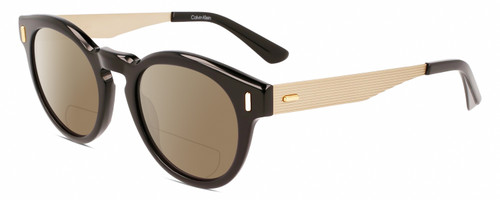 Profile View of Calvin Klein CK21527S Designer Polarized Reading Sunglasses with Custom Cut Powered Amber Brown Lenses in Gloss Black Gold Unisex Round Full Rim Acetate 50 mm