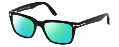 Profile View of Tom Ford CALIBER FT5304-001 Designer Polarized Reading Sunglasses with Custom Cut Powered Green Mirror Lenses in Gloss Black Gold Unisex Square Full Rim Acetate 54 mm