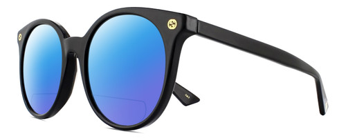 Profile View of Gucci GG0091S Designer Polarized Reading Sunglasses with Custom Cut Powered Blue Mirror Lenses in Gloss Black Gold Ladies Round Full Rim Acetate 52 mm