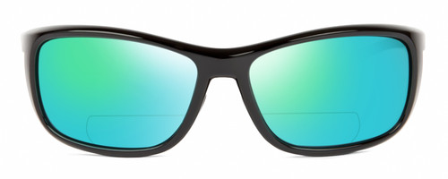 Profile View of Reptile Whiptail Designer Polarized Reading Sunglasses with Custom Cut Powered Green Mirror Lenses in Gloss Black Unisex Cat Eye Full Rim Acetate 64 mm