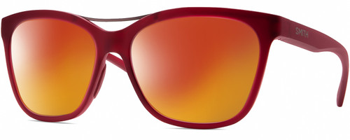 Profile View of Smith Optics Cavalier-LPA Designer Polarized Sunglasses with Custom Cut Red Mirror Lenses in Matte Maroon Red Gunmetal Ladies Cat Eye Full Rim Acetate 55 mm
