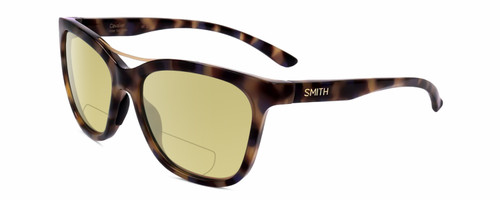 Profile View of Smith Optics Cavalier-MMH/G0 Designer Polarized Reading Sunglasses with Custom Cut Powered Sun Flower Yellow Lenses in Violet Purple Beige Tortoise Havana Gold Ladies Cat Eye Full Rim Acetate 55 mm