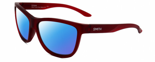 Profile View of Smith Optics Eclipse-LPA Designer Polarized Sunglasses with Custom Cut Blue Mirror Lenses in Matte Crystal Maroon Red Unisex Cat Eye Full Rim Acetate 58 mm