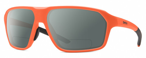 Profile View of Smith Optics Pathway-69I Designer Polarized Reading Sunglasses with Custom Cut Powered Smoke Grey Lenses in Matte Neon Cinder Orange Mens Rectangular Full Rim Acetate 62 mm