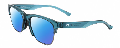 Profile View of Smith Optics Haywire-1ED Designer Polarized Sunglasses with Custom Cut Blue Mirror Lenses in Crystal Stone Green Blue Silver Unisex Panthos Semi-Rimless Acetate 55 mm