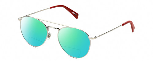 Profile View of Levi's Seasonal LV1006 Designer Polarized Reading Sunglasses with Custom Cut Powered Green Mirror Lenses in Palladium Silver Red Unisex Pilot Full Rim Stainless Steel 52 mm