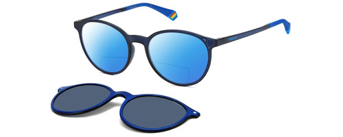 Profile View of Polaroid PLD-6137/CS Designer Polarized Reading Sunglasses with Custom Cut Powered Blue Mirror Lenses in Navy on Royal Blue Unisex Round Full Rim Acetate 52 mm