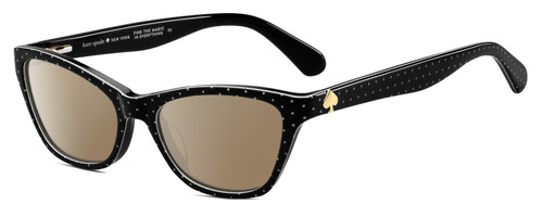 Profile View of Kate Spade ALAYSHA Designer Polarized Sunglasses with Custom Cut Amber Brown Lenses in Gloss Black White Polka Dot Ladies Cat Eye Full Rim Acetate 51 mm
