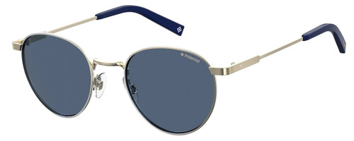 Profile View of Polaroid 2082/S/X Unisex Sunglasses in Light Gold Navy/Polarized Blue Grey 49 mm