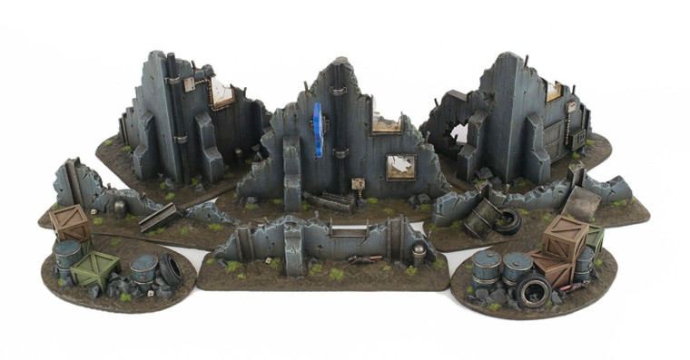 War-Torn City - Ruined Multi-Storey Buildings with Barricades and Blockades Full Set