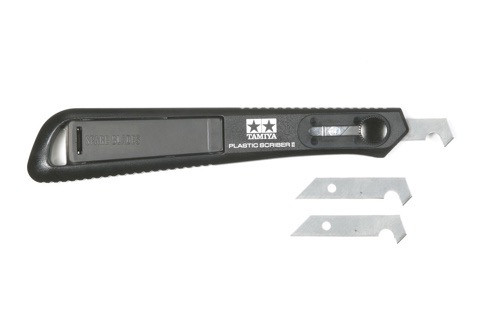 This Plastic Scriber II is ideal for cutting thick plastic boards, adding detail to plastic scale models, and opening holes to modify Mini 4WD bodies. The Tamiya original tungsten steel narrow blade enables you easy access to hard-to-reach places. The blade can be safely retracted inside when not in use. Two interchangeable spare blades are included.