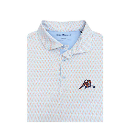 Auburn Vintage Leaping Tiger Ripple Polo - White with Light Blue & Orange