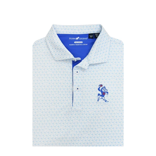 SMU Mustangs Throwing Pony Football Helmet Print Youth Polo - White with Light Blue