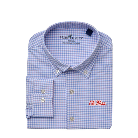 Ole Miss Lamar Performance Sport Shirt - White with Powder Blue & Red