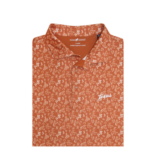 Texas Longhorns Burnt Orange Script Cowboy Print TX Flag Polo