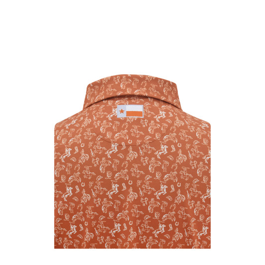 Texas Longhorns Burnt Orange Script Cowboy Print TX Flag Polo