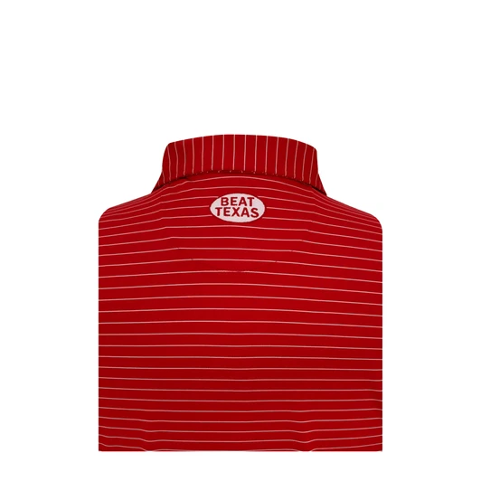 Oklahoma Sooner Schooner BEAT TEXAS Crimson 3/8 Stripe Performance Polo