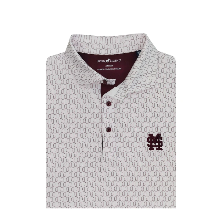 Mississippi State M over S Baseball Logo State Outline Polo - White with Maroon